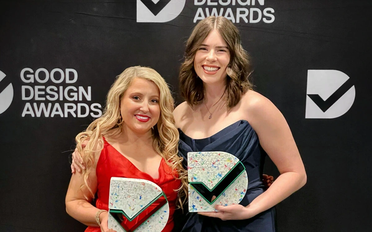 Rebekah Nicholas and Brooke Royston holding Good Design Award Trophies